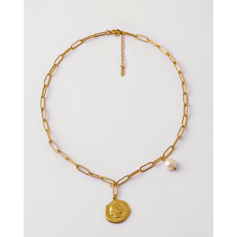 COLLAR MONEDA Y PERLA CADENA ESLON...
