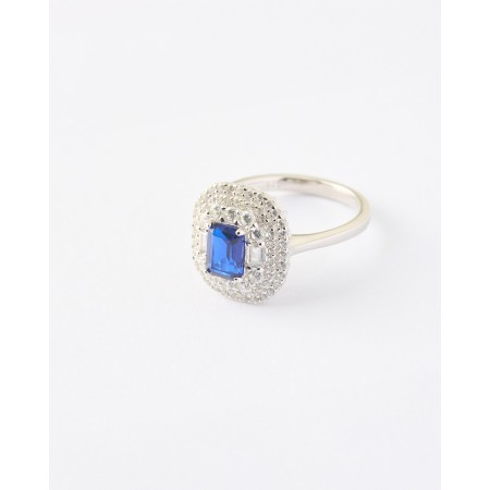 ANILLO CIRCONITA ZAFIRO CENTRAL 7X5MM TRIPLE HALO CIRCONITAS BLANCAS  Malizzia 2